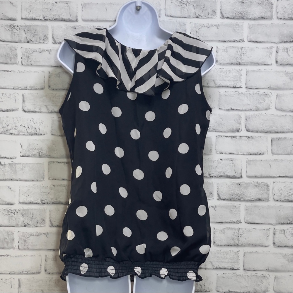 Milano Sleeveless Mixed Back White Pattern Ruffled Neck Blouse Small - Picture 3 of 10